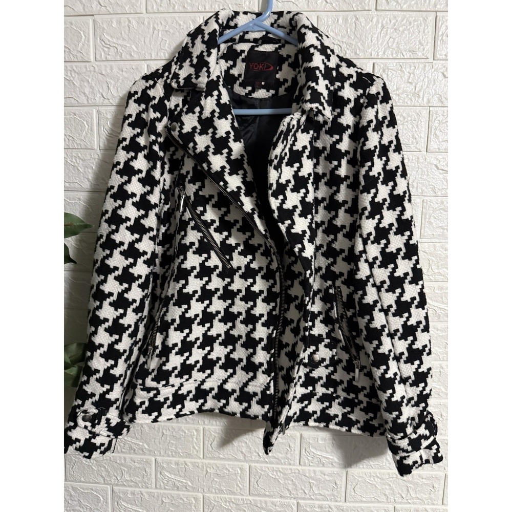 Yoki Womens Houndstooth Moto Jacket Black White Size L JW2501